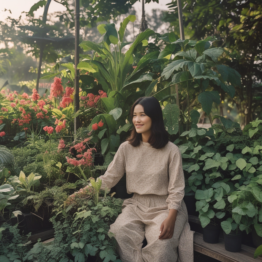 Kebun herbal tradisional Indonesia dengan tanaman temulawak, jahe merah, dan pegagan yang tumbuh subur di bawah sinar matahari pagi