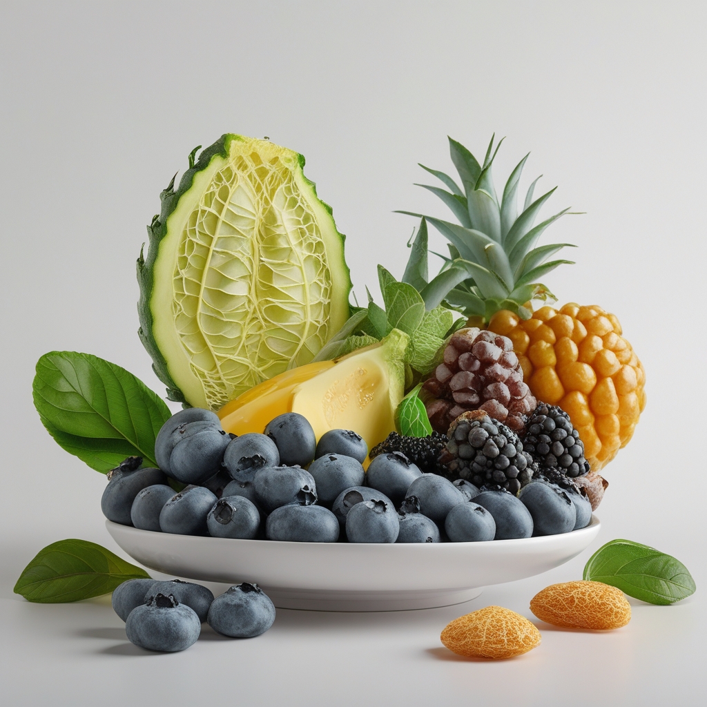 Tampilan dari atas berbagai buah dan sayuran berwarna-warni termasuk bayam hijau, wortel oranye, blueberry, alpukat, dan kacang-kacangan disusun rapi di atas meja putih